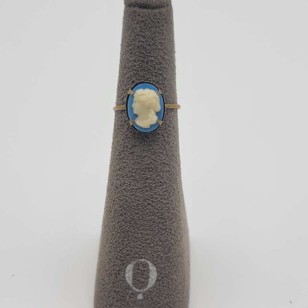 Vintage Czechoslovakian Blue Glass Brass Dainty Ring Size 4.75